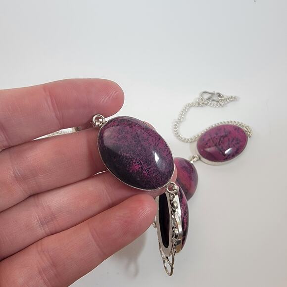 Handmade Rhodonite Gemstone Necklace Sterling Silver Elegant Purple Pink Jewelry - Picture 6 of 10
